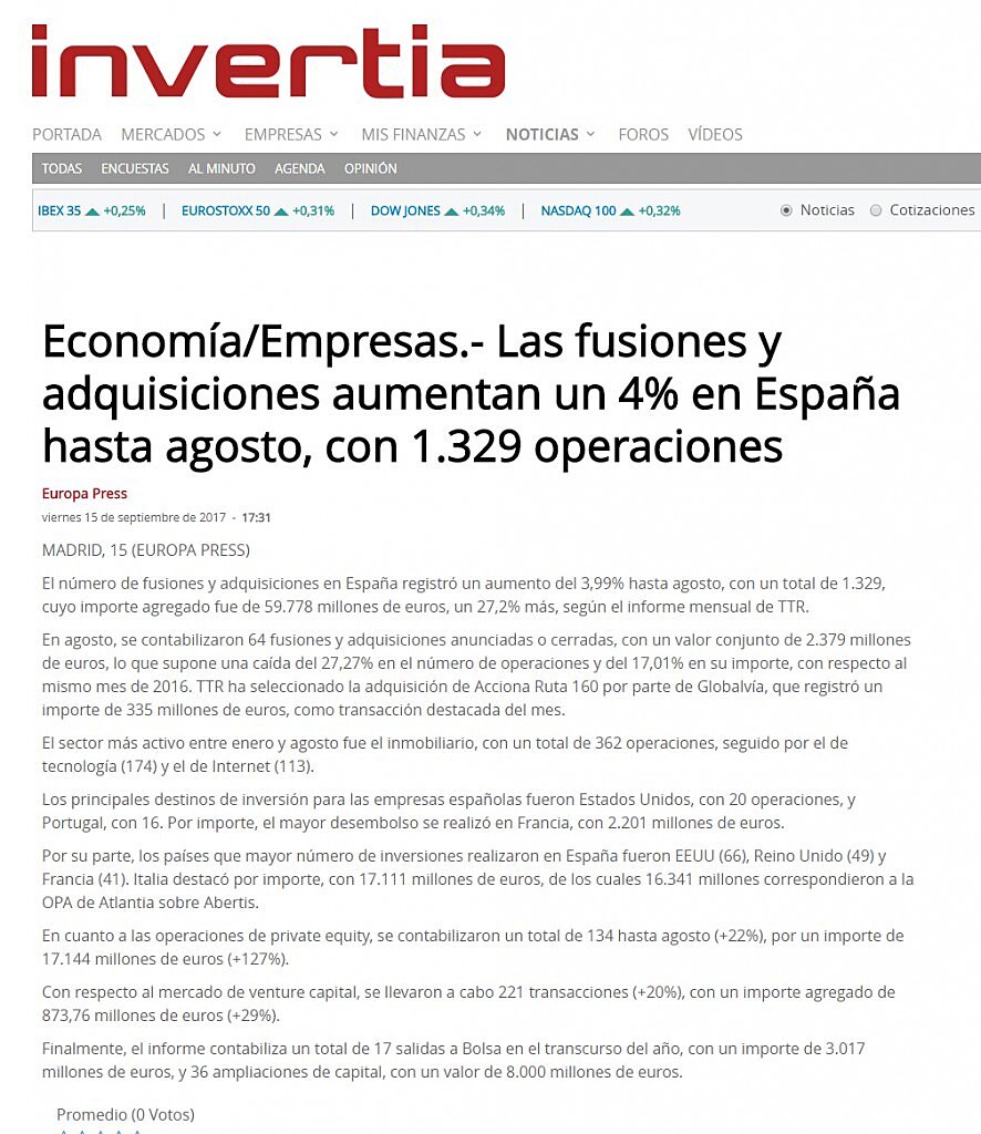 Las fusiones y adquisiciones aumentan un 4% en Espaa hasta agosto, con 1.329 operaciones